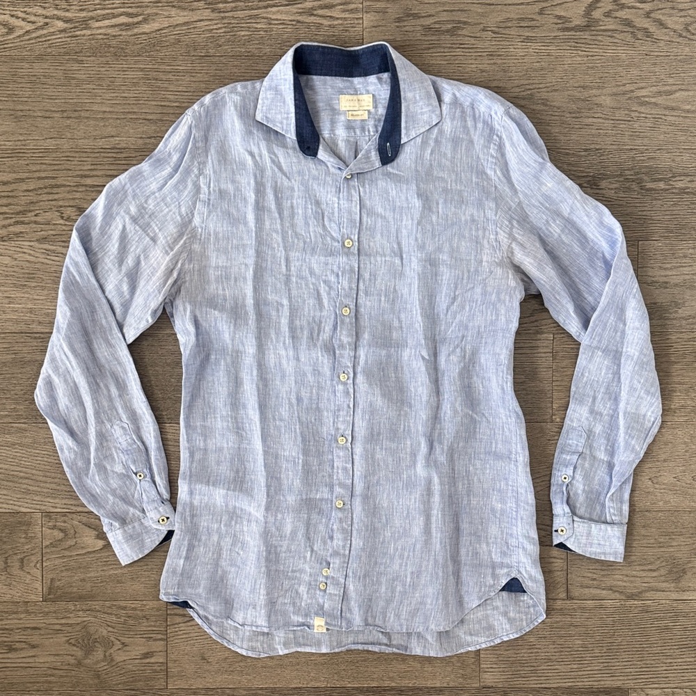 🌼ZARA MENS🌼 Light Blue Linen Relaxed Fit Button-Down Shirt